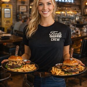 Ford's Garage Crew Graphic T-Shirt Black Unisex M/L Prime Burgers Craft